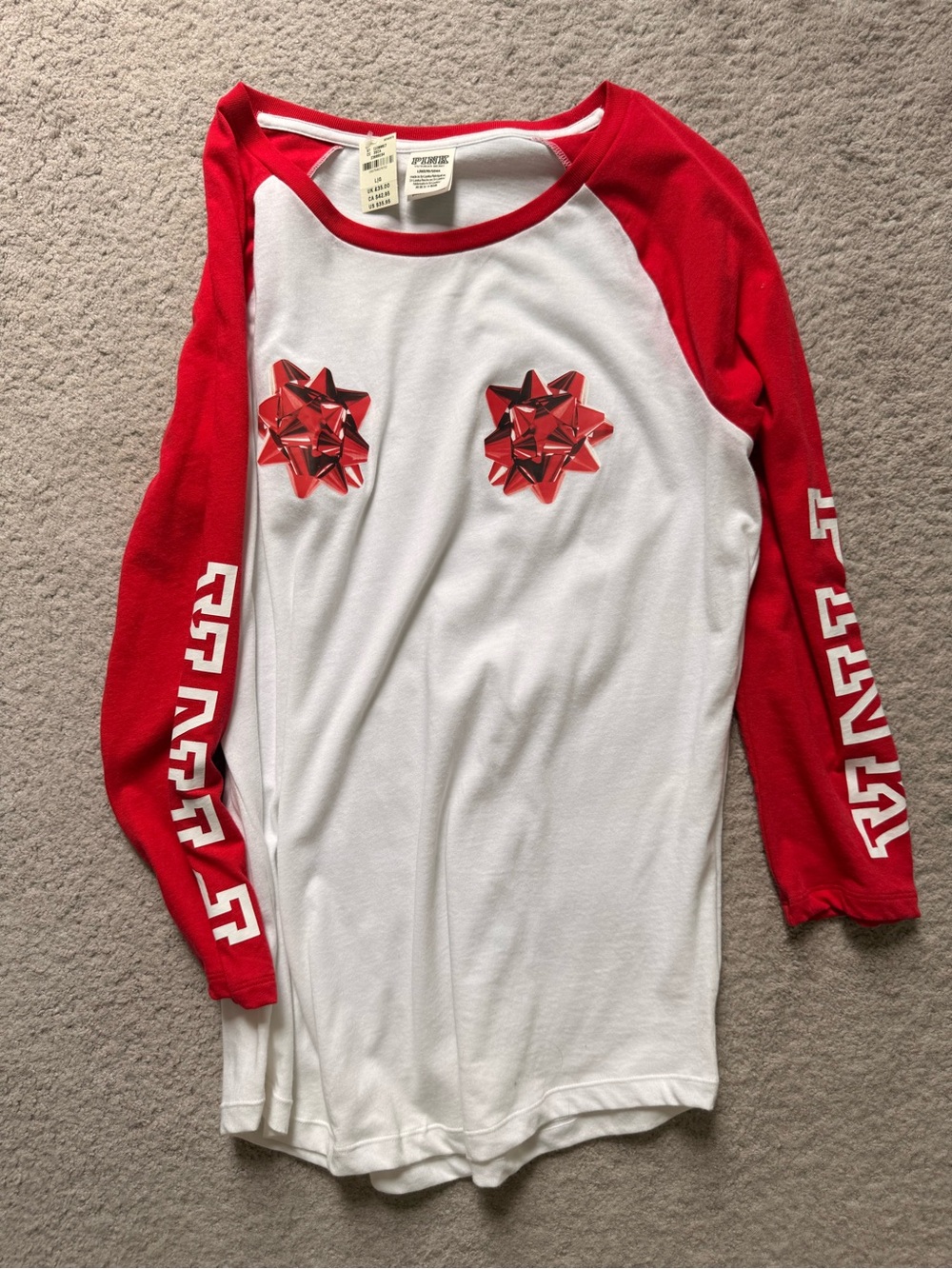 Victoria's Secret PINK White & Red Long Sleeve Raglan Top with Bow Graphic